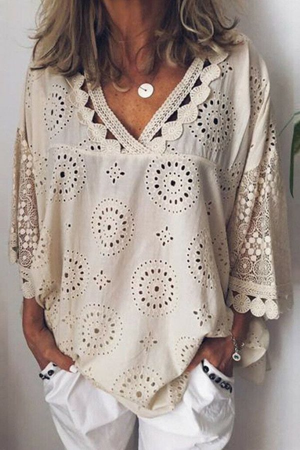 The Best Women Blouse V-Neck Long Sleeve Embroidery Cotton Shirt Summer Holiday Ladies Casual Loose Solid Top Outwear Online - Takalr