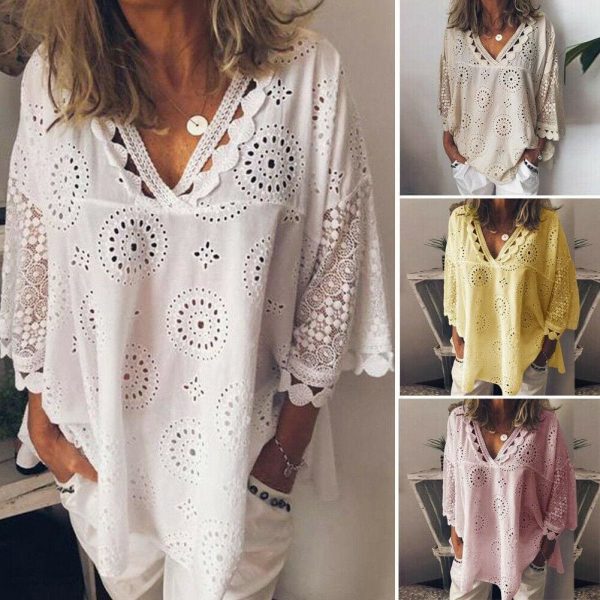 The Best Women Blouse V-Neck Long Sleeve Embroidery Cotton Shirt Summer Holiday Ladies Casual Loose Solid Top Outwear Online - Takalr