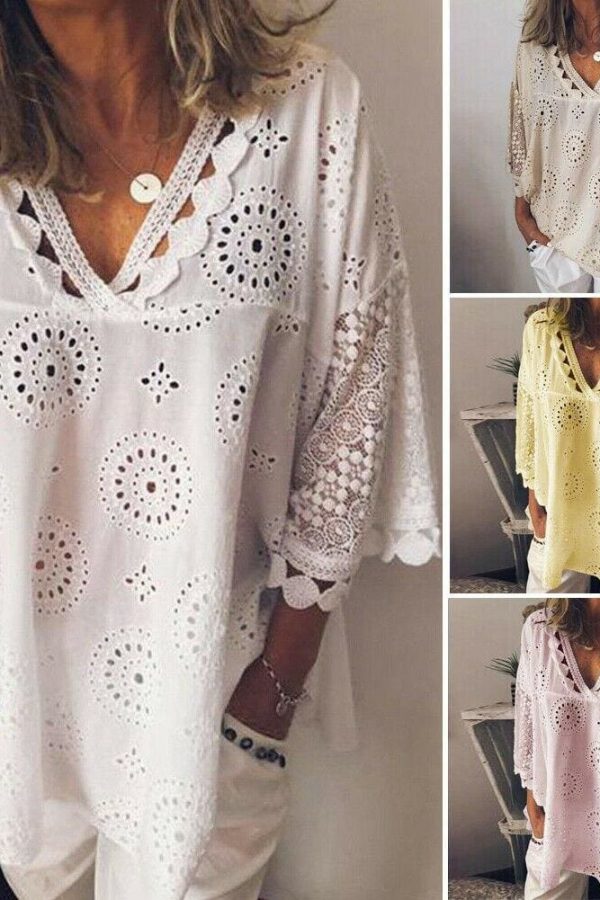 The Best Women Blouse V-Neck Long Sleeve Embroidery Cotton Shirt Summer Holiday Ladies Casual Loose Solid Top Outwear Online - Takalr