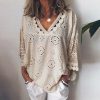 The Best Women Blouse V-Neck Long Sleeve Embroidery Cotton Shirt Summer Holiday Ladies Casual Loose Solid Top Outwear Online - Takalr