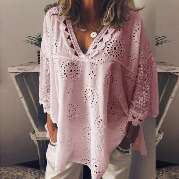 The Best Women Blouse V-Neck Long Sleeve Embroidery Cotton Shirt Summer Holiday Ladies Casual Loose Solid Top Outwear Online - Takalr