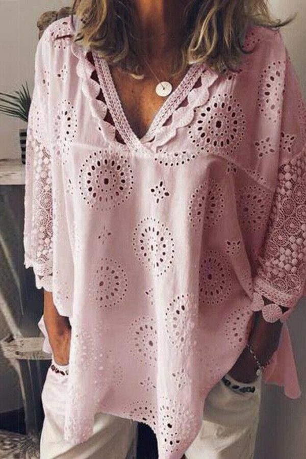 The Best Women Blouse V-Neck Long Sleeve Embroidery Cotton Shirt Summer Holiday Ladies Casual Loose Solid Top Outwear Online - Takalr