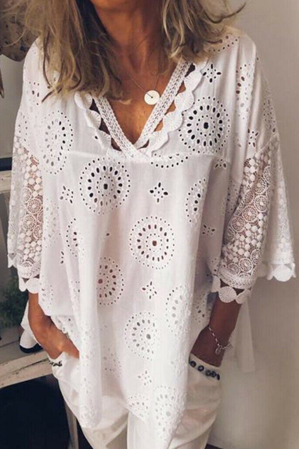 The Best Women Blouse V-Neck Long Sleeve Embroidery Cotton Shirt Summer Holiday Ladies Casual Loose Solid Top Outwear Online - Takalr