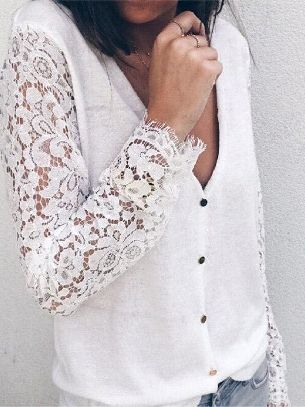 The Best Women Blouses V Neck Blouse Floral Lace Long Sleeve Blouse Female Shirts Women Tops Blouses Black White Ladies Clothes Online - Takalr