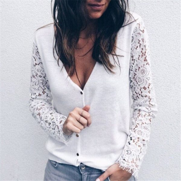 The Best Women Blouses V Neck Blouse Floral Lace Long Sleeve Blouse Female Shirts Women Tops Blouses Black White Ladies Clothes Online - Takalr