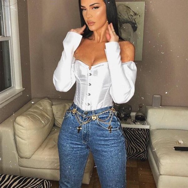 The Best Women Body Shaper Tummy Control Waist Long Sleeve Blouse Shirt Sexy Ladies Off Shoulder Autumn Casual Tops Online - Takalr