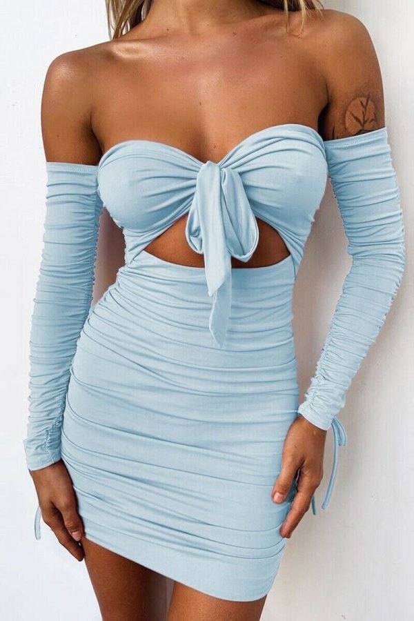 The Best Women Bodycon Dress Off Shoulder Long Sleeve Hollow Out Solid Clubwear Party Ladies Casual Slim Mini Dress Online - Takalr