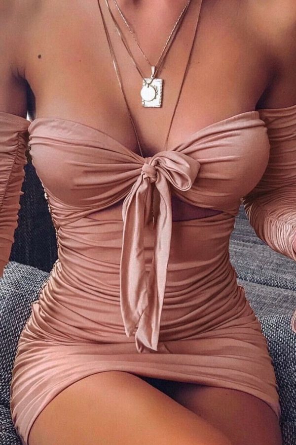 The Best Women Bodycon Dress Off Shoulder Long Sleeve Hollow Out Solid Clubwear Party Ladies Casual Slim Mini Dress Online - Takalr