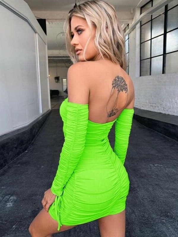 The Best Women Bodycon Dress Off Shoulder Long Sleeve Hollow Out Solid Clubwear Party Ladies Casual Slim Mini Dress Online - Takalr