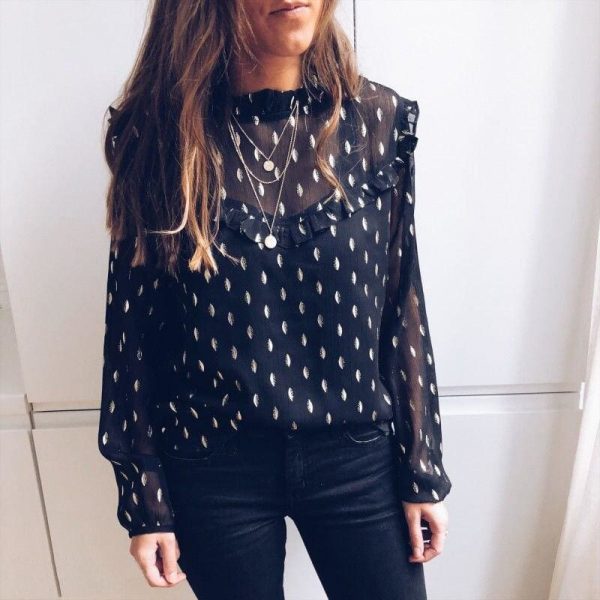 The Best Women Boho Beach Summer Chiffon Blouse Shirt Elegant Lady Polka Dot Top Ruffles Ladies Long Sleeve Tops Shirt Online - Takalr