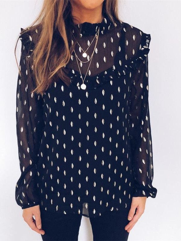 The Best Women Boho Beach Summer Chiffon Blouse Shirt Elegant Lady Polka Dot Top Ruffles Ladies Long Sleeve Tops Shirt Online - Takalr