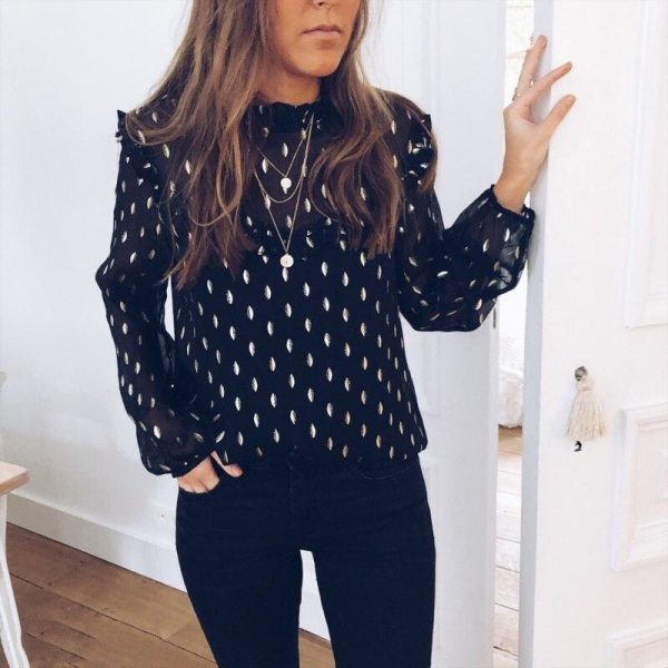 The Best Women Boho Beach Summer Chiffon Blouse Shirt Elegant Lady Polka Dot Top Ruffles Ladies Long Sleeve Tops Shirt Online - Takalr