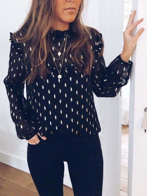 The Best Women Boho Beach Summer Chiffon Blouse Shirt Elegant Lady Polka Dot Top Ruffles Ladies Long Sleeve Tops Shirt Online - Takalr