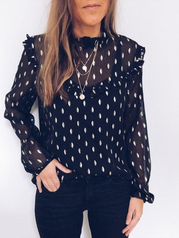 The Best Women Boho Beach Summer Chiffon Blouse Shirt Elegant Lady Polka Dot Top Ruffles Ladies Long Sleeve Tops Shirt Online - Takalr