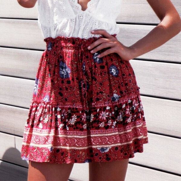 The Best Women Boho Casual Floral Skirt New Fashion Ladies Stretch High Waist Beach Summer Short Mini Skirt Sundress Online - Takalr