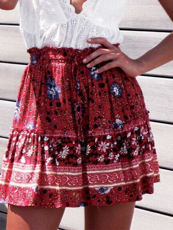 The Best Women Boho Casual Floral Skirt New Fashion Ladies Stretch High Waist Beach Summer Short Mini Skirt Sundress Online - Takalr