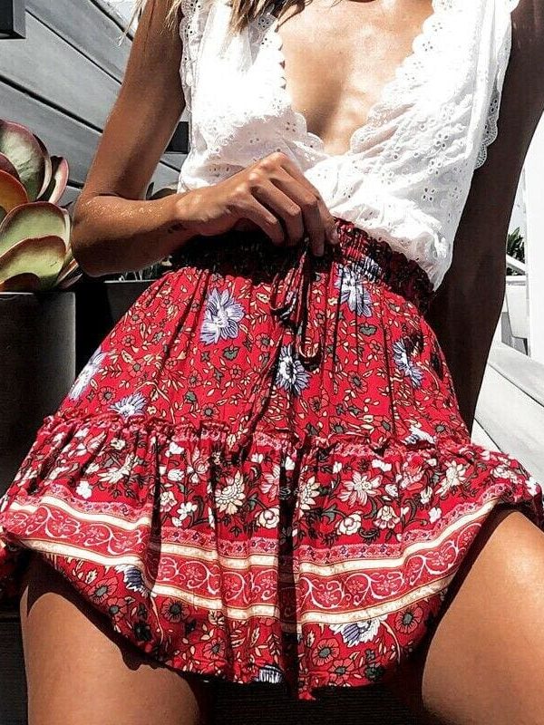 The Best Women Boho Casual Floral Skirt New Fashion Ladies Stretch High Waist Beach Summer Short Mini Skirt Sundress Online - Takalr