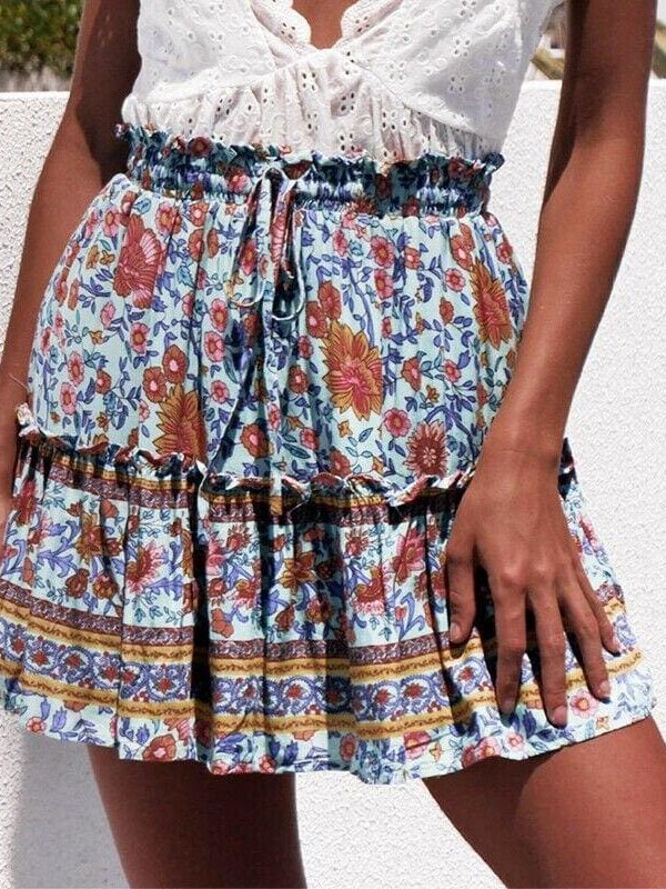 The Best Women Boho Casual Floral Skirt New Fashion Ladies Stretch High Waist Beach Summer Short Mini Skirt Sundress Online - Takalr