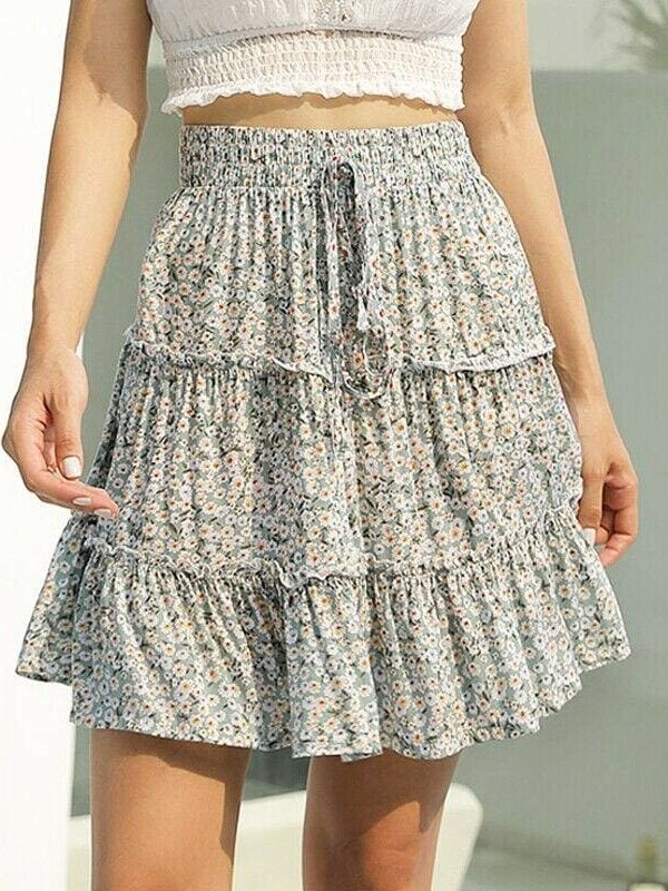 The Best Women Boho Casual Floral Skirt New Fashion Ladies Stretch High Waist Beach Summer Short Mini Skirt Sundress Online - Takalr