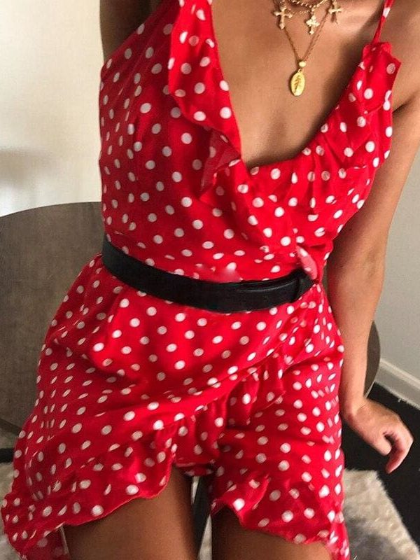 The Best Women Boho Floral Dress Ladies Summer Beach Polka Dot Sleeveless Party Ruffle V Neck Mini Sundress Holiday Clothing Online - Takalr