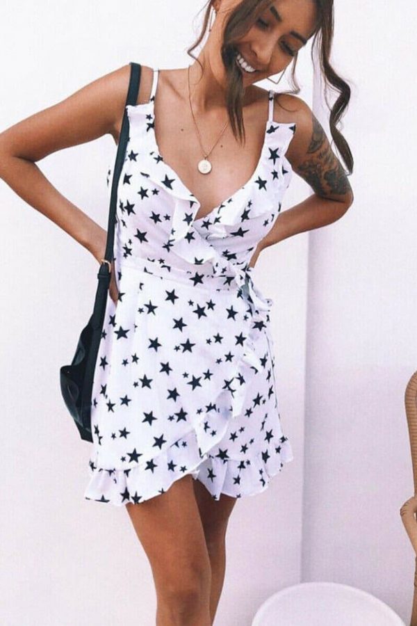 The Best Women Boho Floral Dress Ladies Summer Beach Polka Dot Sleeveless Party Ruffle V Neck Mini Sundress Holiday Clothing Online - Takalr