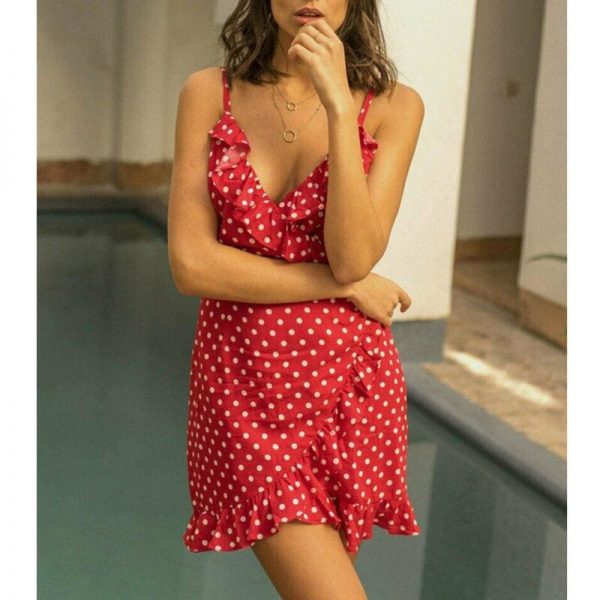 The Best Women Boho Floral Dress Ladies Summer Beach Polka Dot Sleeveless Party Ruffle V Neck Mini Sundress Holiday Clothing Online - Takalr