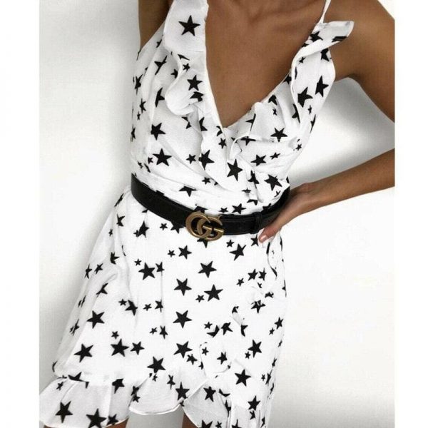 The Best Women Boho Floral Dress Ladies Summer Beach Polka Dot Sleeveless Party Ruffle V Neck Mini Sundress Holiday Clothing Online - Takalr