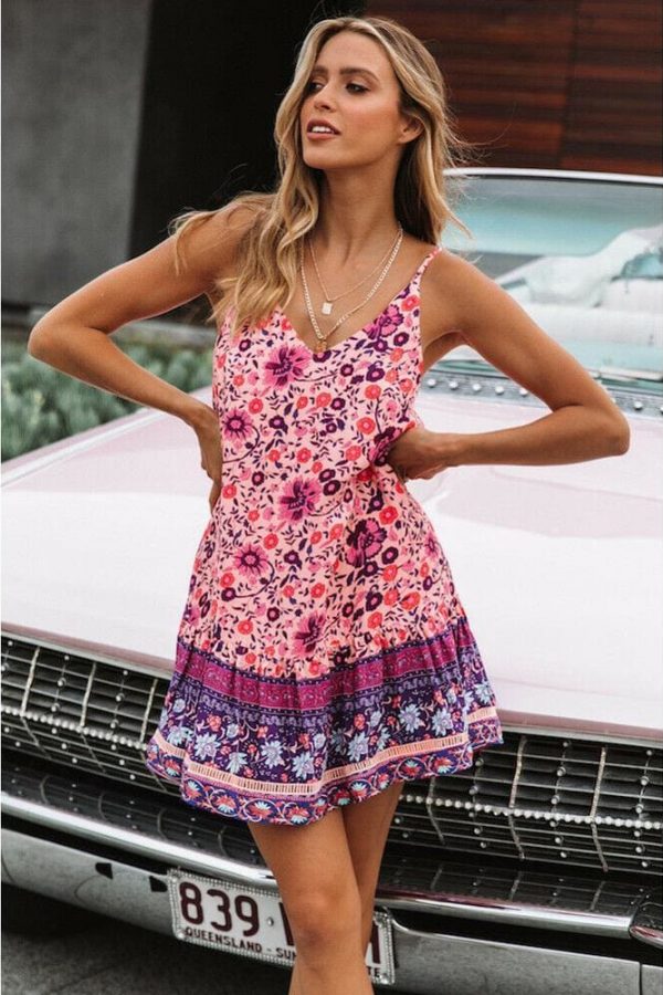 The Best Women Boho Floral Dress Sleeveless Beach Dress Sundress Summer Deep V Neck Backless Loose Dresses Online - Takalr