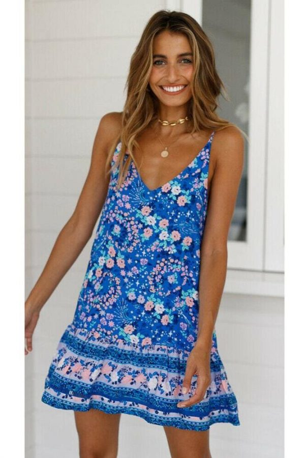 The Best Women Boho Floral Dress Sleeveless Beach Dress Sundress Summer Deep V Neck Backless Loose Dresses Online - Takalr