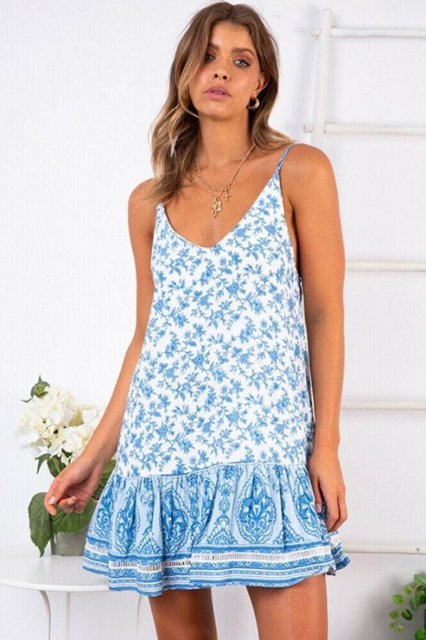 The Best Women Boho Floral Dress Sleeveless Beach Dress Sundress Summer Deep V Neck Backless Loose Dresses Online - Takalr