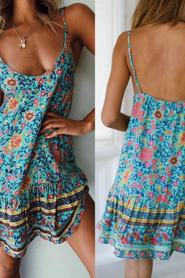 The Best Women Boho Floral Dress Sleeveless Beach Dress Sundress Summer Deep V Neck Backless Loose Dresses Online - Takalr