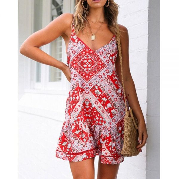 The Best Women Boho Floral Dress Sleeveless Beach Dress Sundress Summer Deep V Neck Backless Loose Dresses Online - Takalr