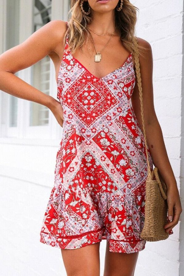 The Best Women Boho Floral Dress Sleeveless Beach Dress Sundress Summer Deep V Neck Backless Loose Dresses Online - Takalr