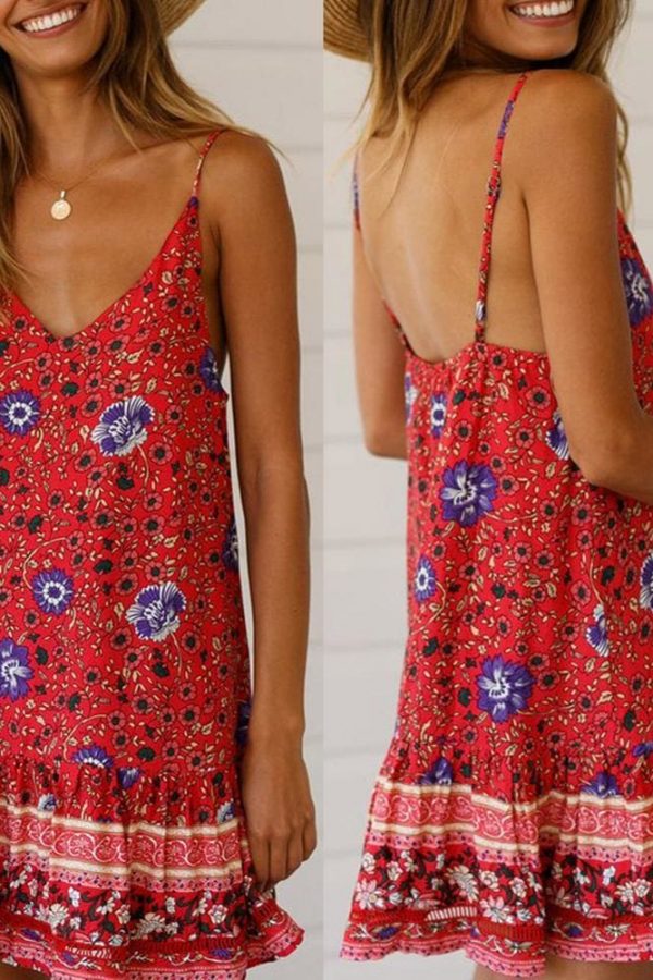 The Best Women Boho Floral Dress Sleeveless Beach Dress Sundress Summer Deep V Neck Backless Loose Dresses Online - Takalr