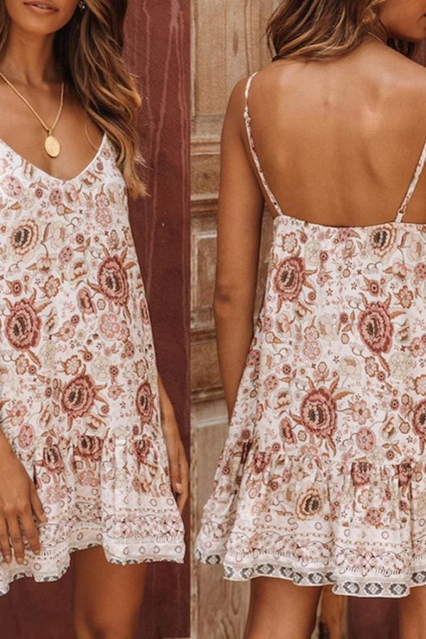 The Best Women Boho Floral Dress Sleeveless Beach Dress Sundress Summer Deep V Neck Backless Loose Dresses Online - Takalr