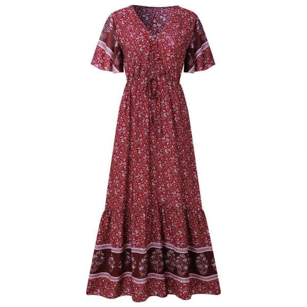 The Best Women Boho Floral Long Maxi Dress Fashion Ladies Short Sleeve V Neck Beach Dresses Casual Summer Sundress Online - Takalr