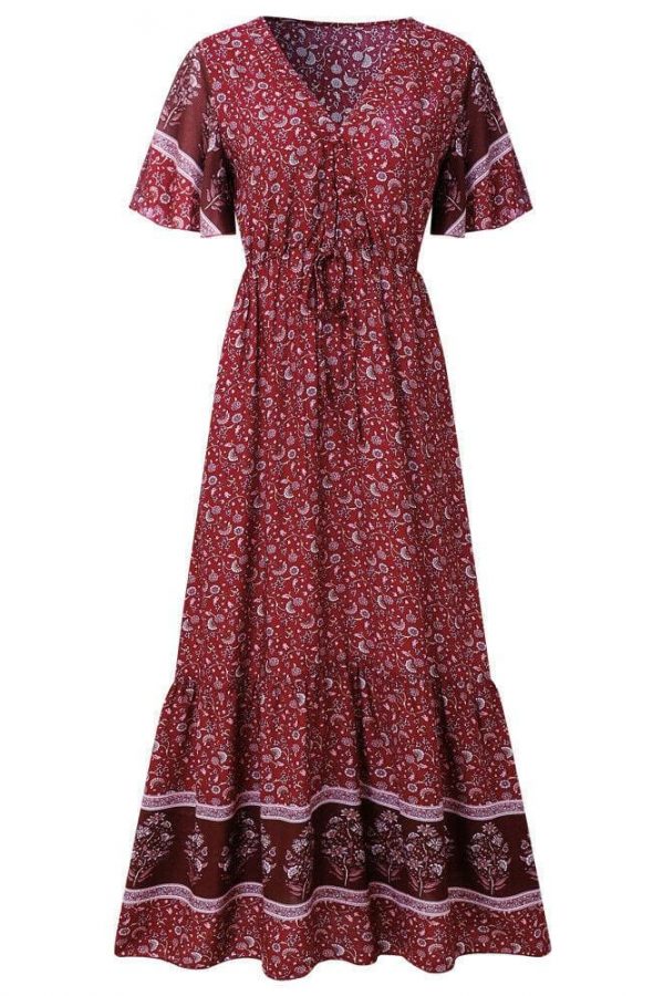 The Best Women Boho Floral Long Maxi Dress Fashion Ladies Short Sleeve V Neck Beach Dresses Casual Summer Sundress Online - Takalr