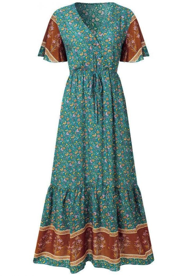 The Best Women Boho Floral Long Maxi Dress Fashion Ladies Short Sleeve V Neck Beach Dresses Casual Summer Sundress Online - Takalr