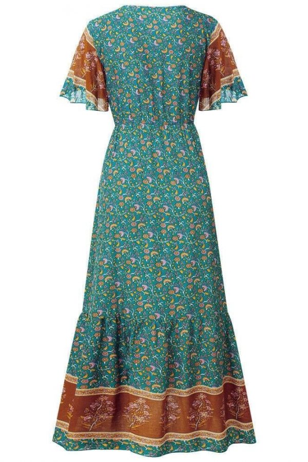 The Best Women Boho Floral Long Maxi Dress Fashion Ladies Short Sleeve V Neck Beach Dresses Casual Summer Sundress Online - Takalr