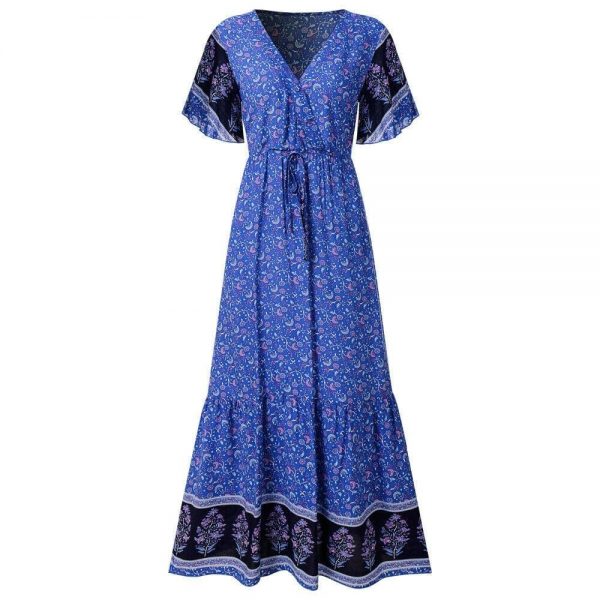 The Best Women Boho Floral Long Maxi Dress Fashion Ladies Short Sleeve V Neck Beach Dresses Casual Summer Sundress Online - Takalr