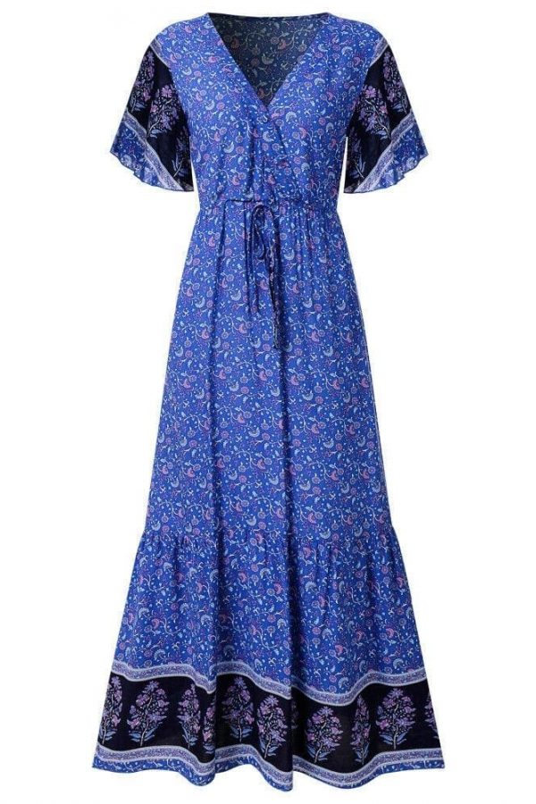 The Best Women Boho Floral Long Maxi Dress Fashion Ladies Short Sleeve V Neck Beach Dresses Casual Summer Sundress Online - Takalr