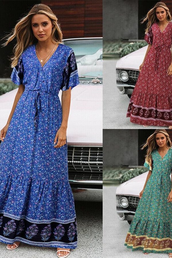 The Best Women Boho Floral Long Maxi Dress Fashion Ladies Short Sleeve V Neck Beach Dresses Casual Summer Sundress Online - Takalr