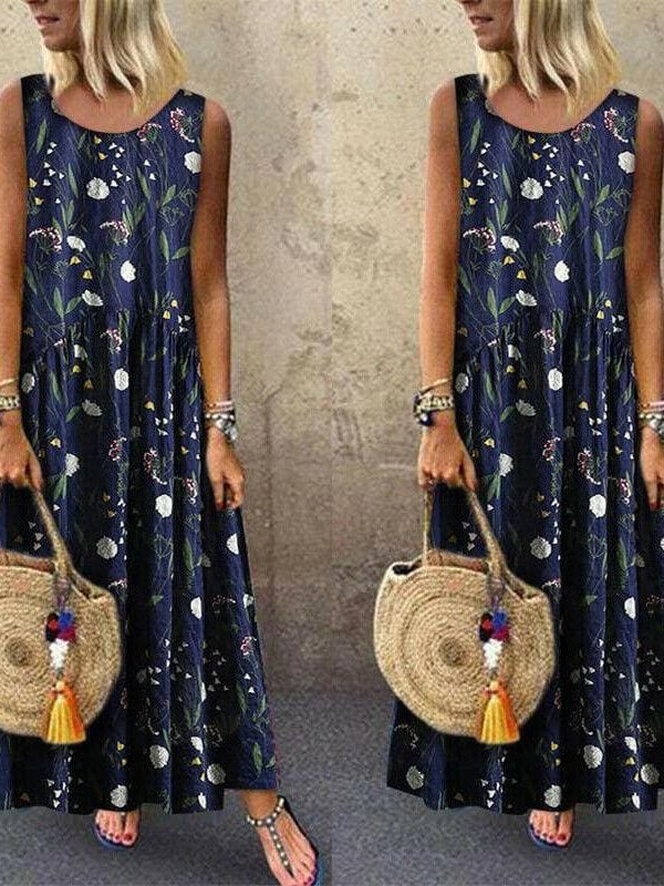 The Best Women Boho Floral Long Maxi Dresses Ladies Sleeveless Loose Summer Casual O Neck Party Maxi Dress Sundress Online - Takalr