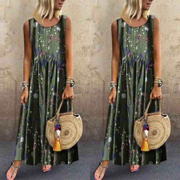 The Best Women Boho Floral Long Maxi Dresses Ladies Sleeveless Loose Summer Casual O Neck Party Maxi Dress Sundress Online - Takalr