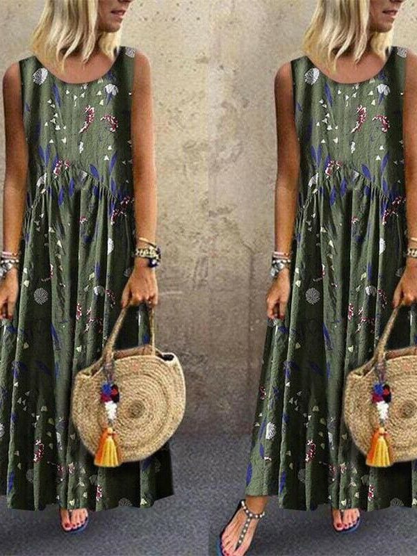 The Best Women Boho Floral Long Maxi Dresses Ladies Sleeveless Loose Summer Casual O Neck Party Maxi Dress Sundress Online - Takalr