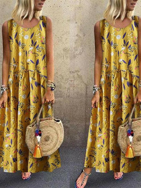 The Best Women Boho Floral Long Maxi Dresses Ladies Sleeveless Loose Summer Casual O Neck Party Maxi Dress Sundress Online - Takalr