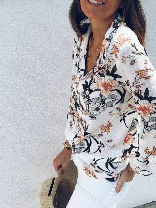 The Best Women Boho Floral Long Sleeve V-neck Loose Summer Tops Shirt Fashion OL Ladies Plain Casual Button Blouse New Online - Takalr