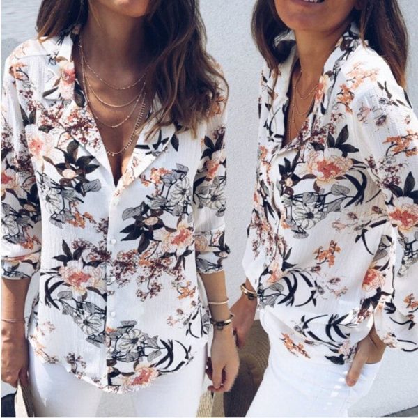 The Best Women Boho Floral Long Sleeve V-neck Loose Summer Tops Shirt Fashion OL Ladies Plain Casual Button Blouse New Online - Takalr