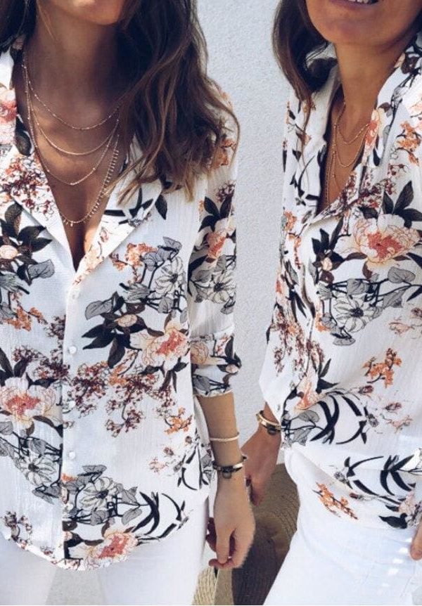 The Best Women Boho Floral Long Sleeve V-neck Loose Summer Tops Shirt Fashion OL Ladies Plain Casual Button Blouse New Online - Takalr