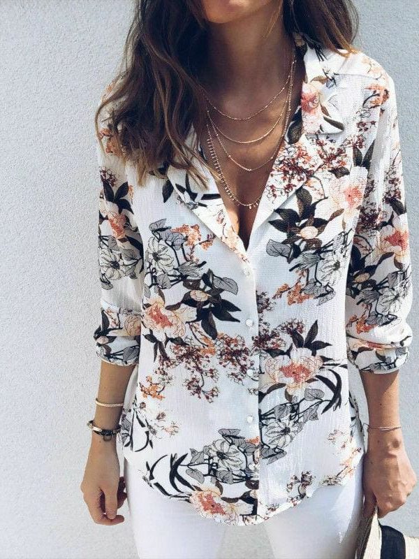 The Best Women Boho Floral Long Sleeve V-neck Loose Summer Tops Shirt Fashion OL Ladies Plain Casual Button Blouse New Online - Takalr